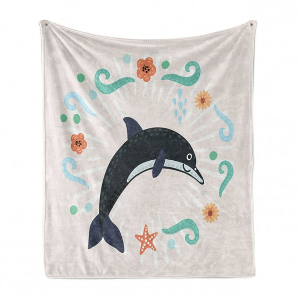 Cozy Plush for Indoor and Outdoor Use 70 x 90 Cartoon Composition of Smiling Nautical Ocean Animal with Starburst Line and Swirls Ambesonne Dolphin Soft Flannel Fleece Throw Blanket Multicolor 